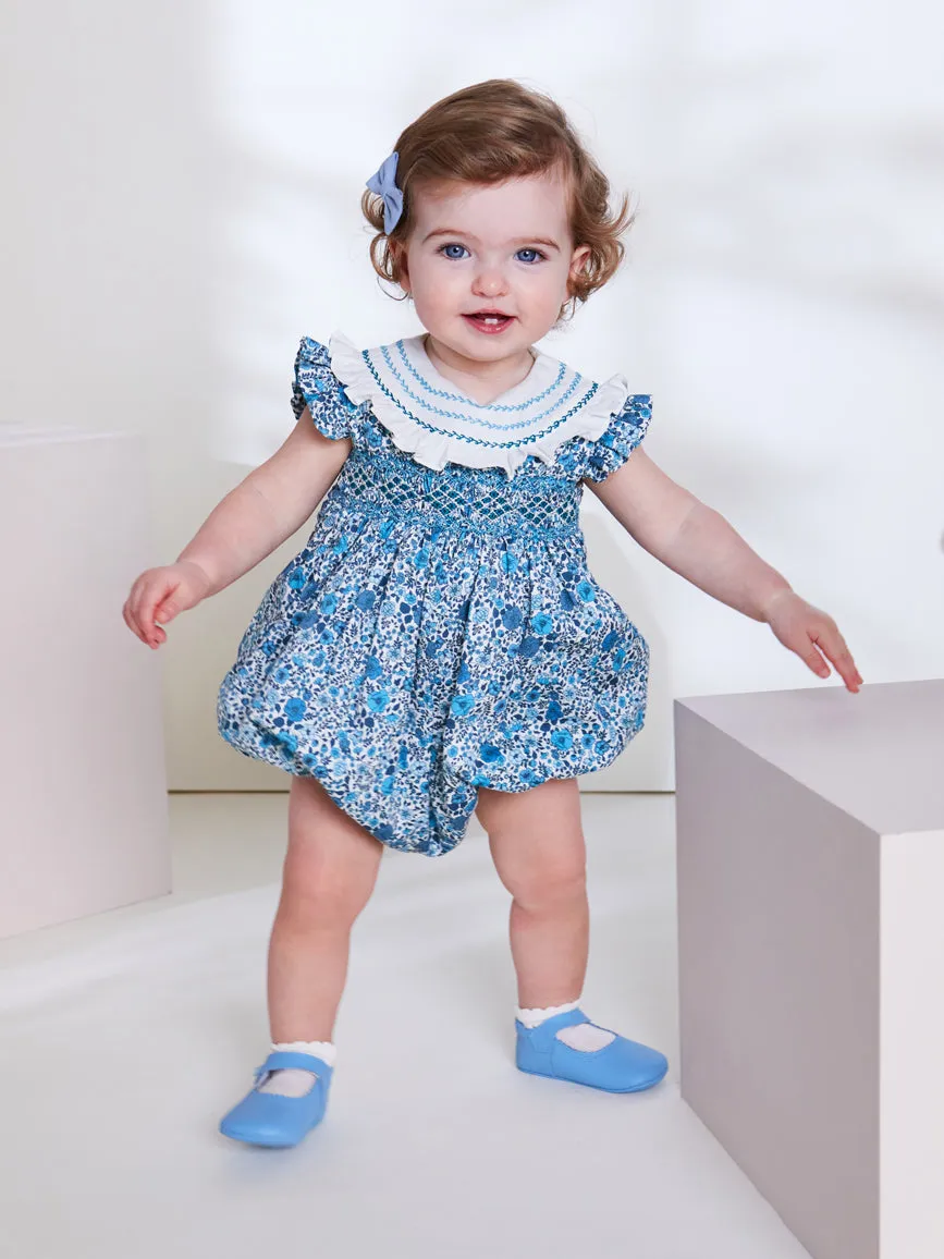 Botanical Print Hand Smocked Romper in French Blue (3-18mths)