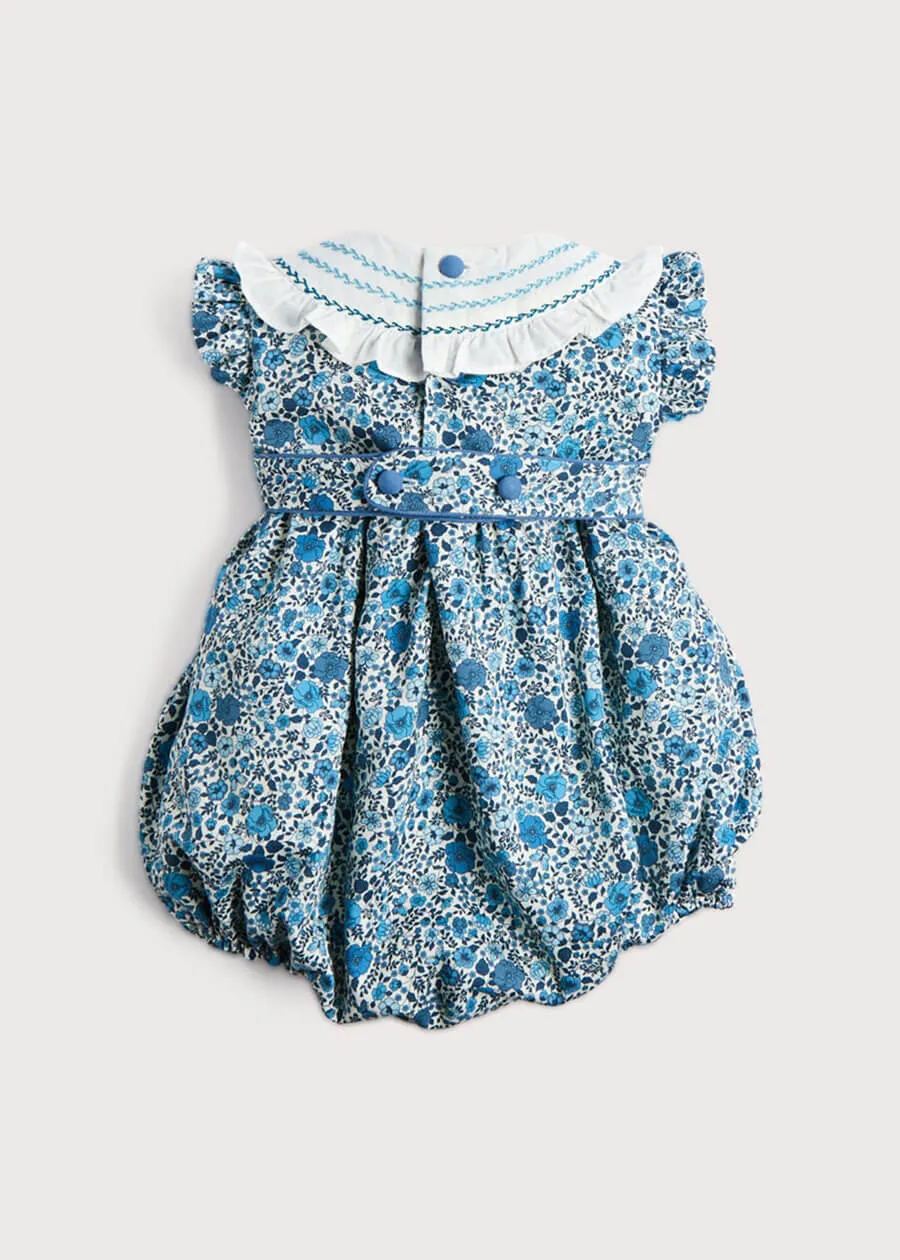 Botanical Print Hand Smocked Romper in French Blue (3-18mths)