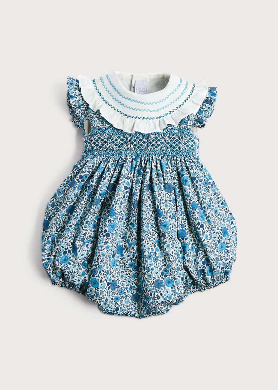 Botanical Print Hand Smocked Romper in French Blue (3-18mths)