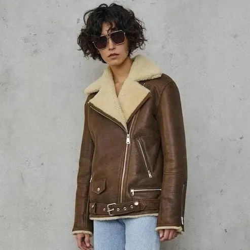 Brown Sheepskin Shearling Coat Aviator Jacket Women