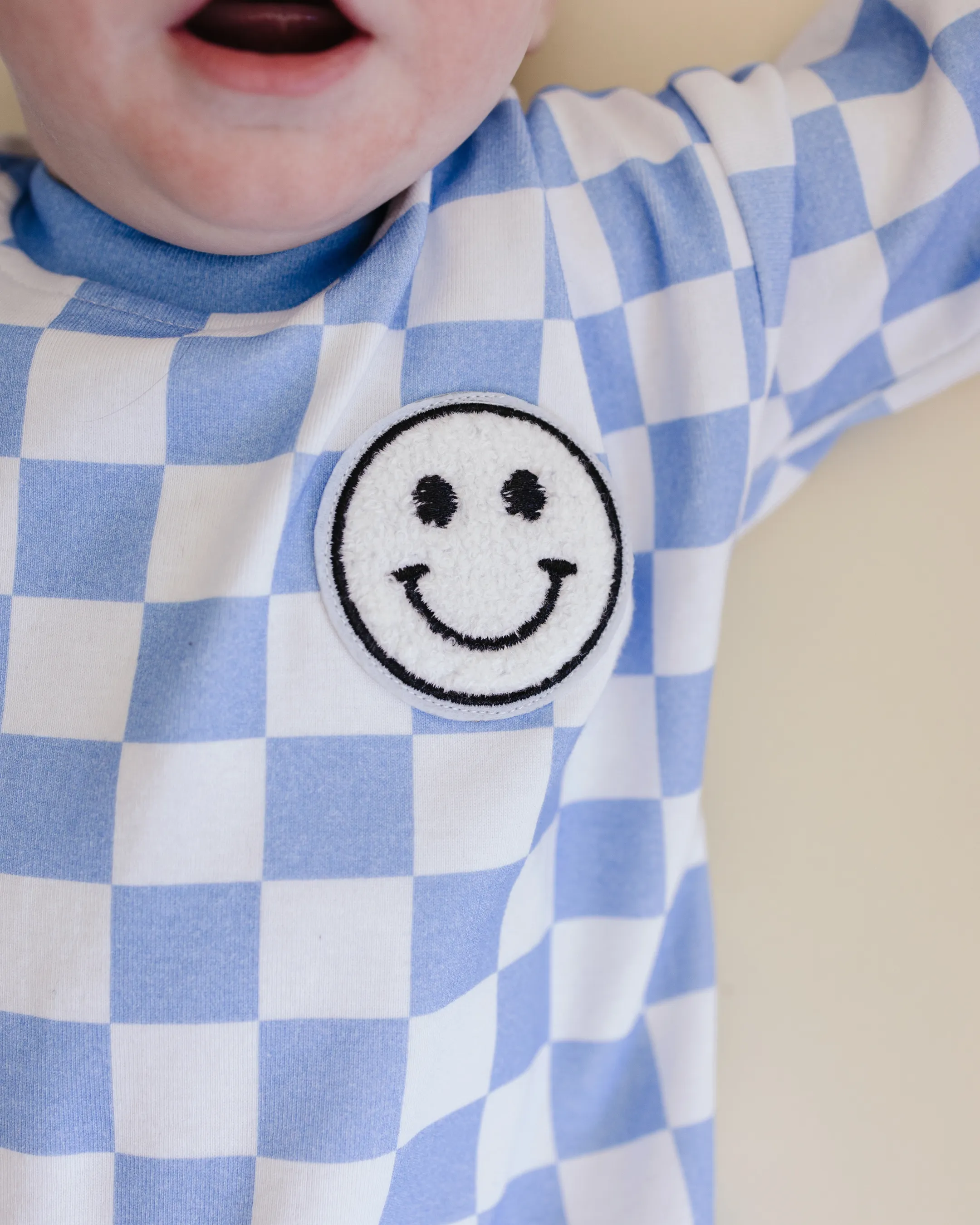 Bubble Romper | Checkered Smiley Blue