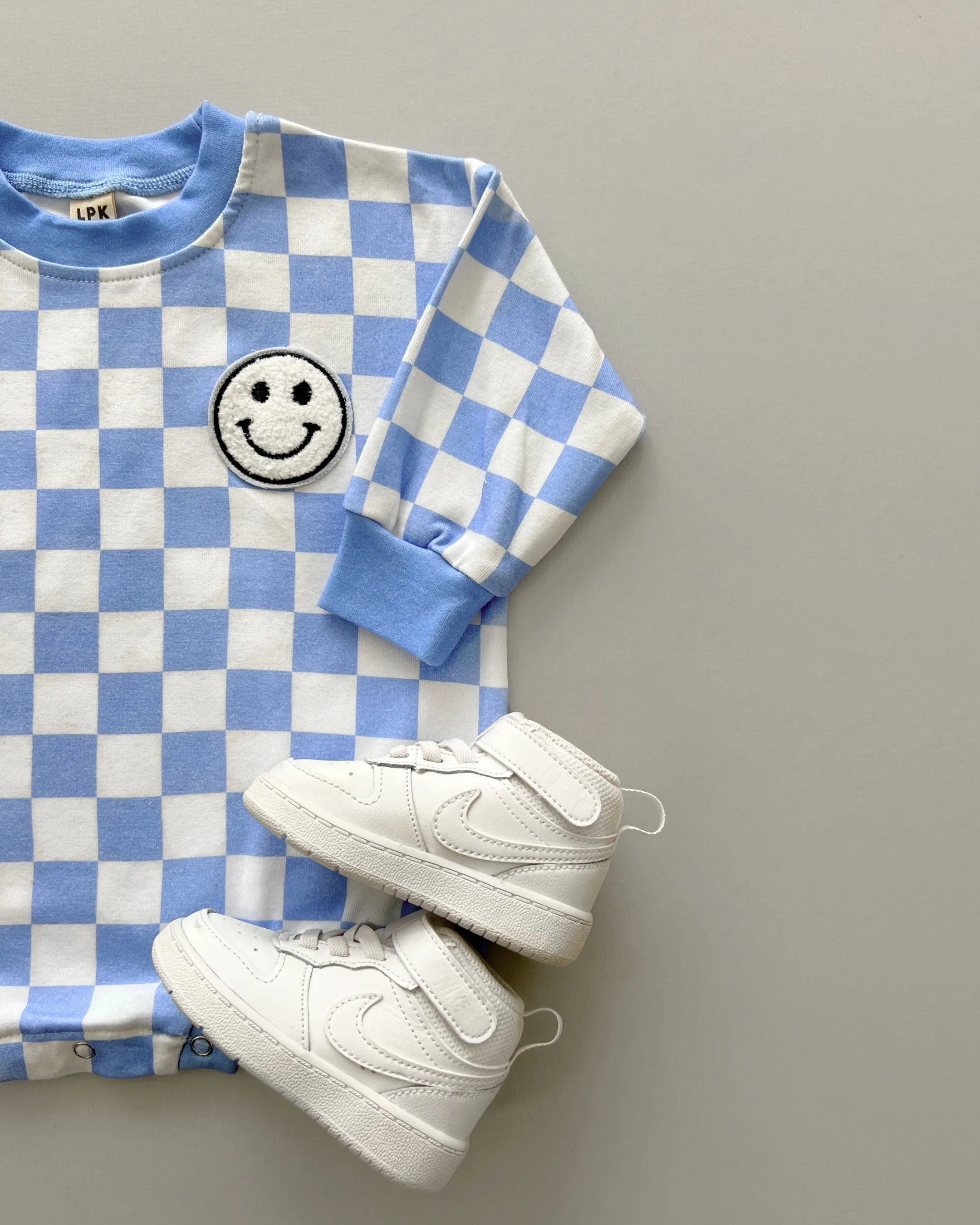 Bubble Romper | Checkered Smiley Blue