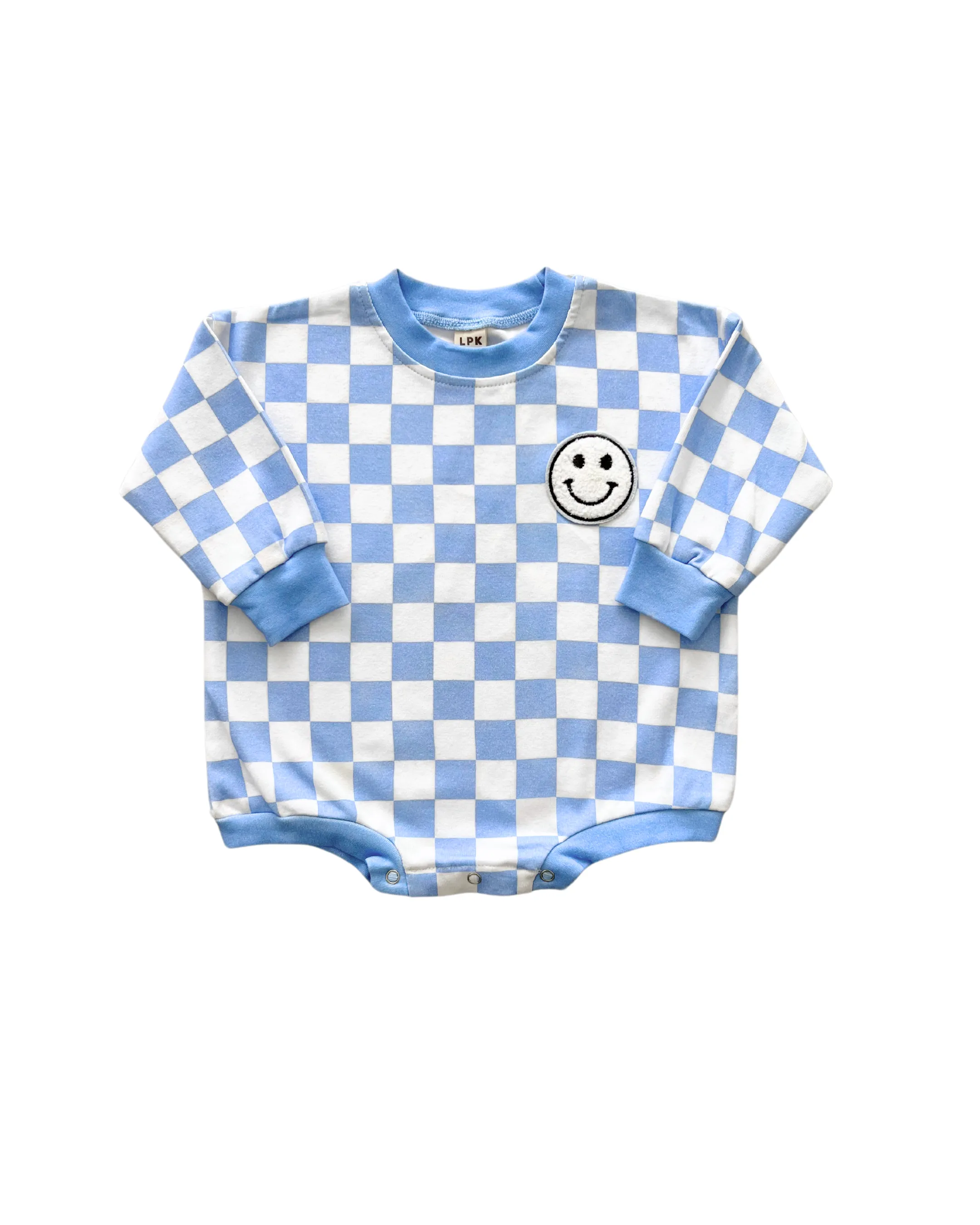 Bubble Romper | Checkered Smiley Blue