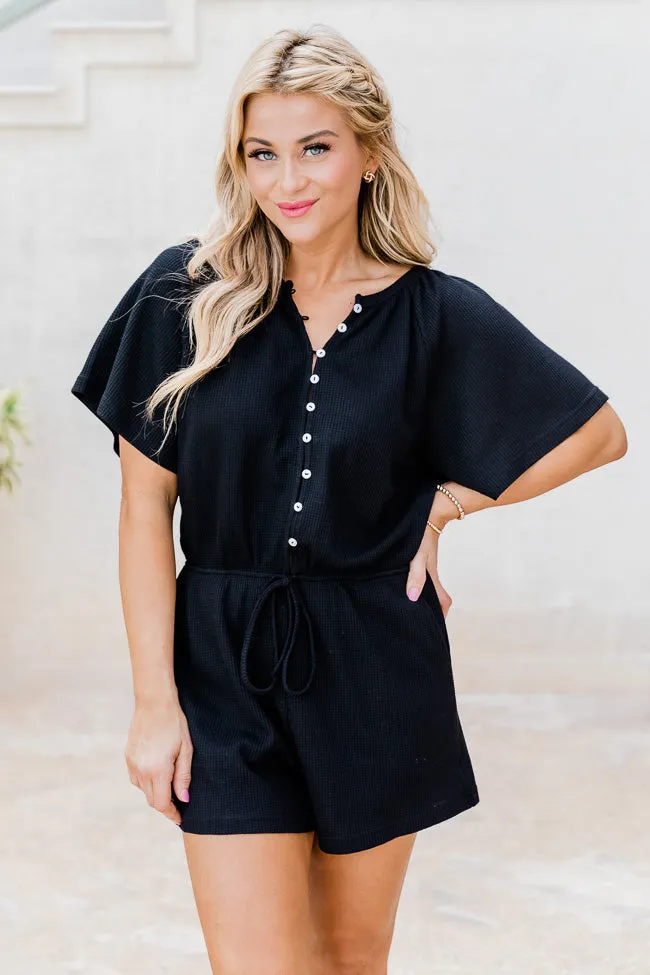 Chase The High Black Waffle Knit Button Up Romper FINAL SALE