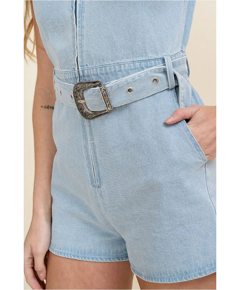 Cheyenne Sleeveless Zip Up Belted Jean Romper