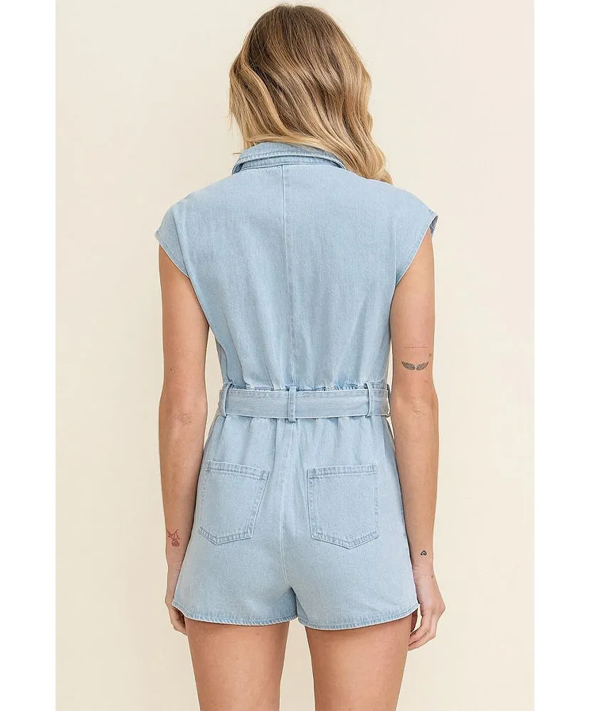 Cheyenne Sleeveless Zip Up Belted Jean Romper