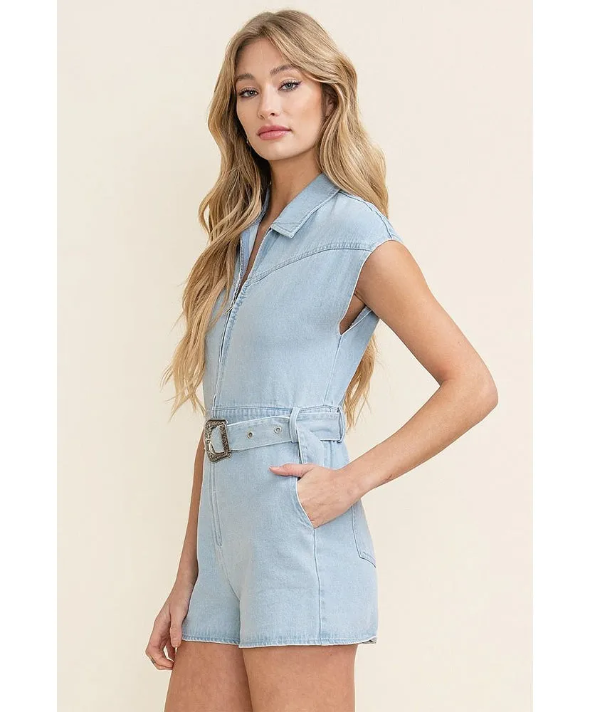 Cheyenne Sleeveless Zip Up Belted Jean Romper