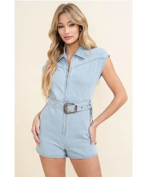 Cheyenne Sleeveless Zip Up Belted Jean Romper