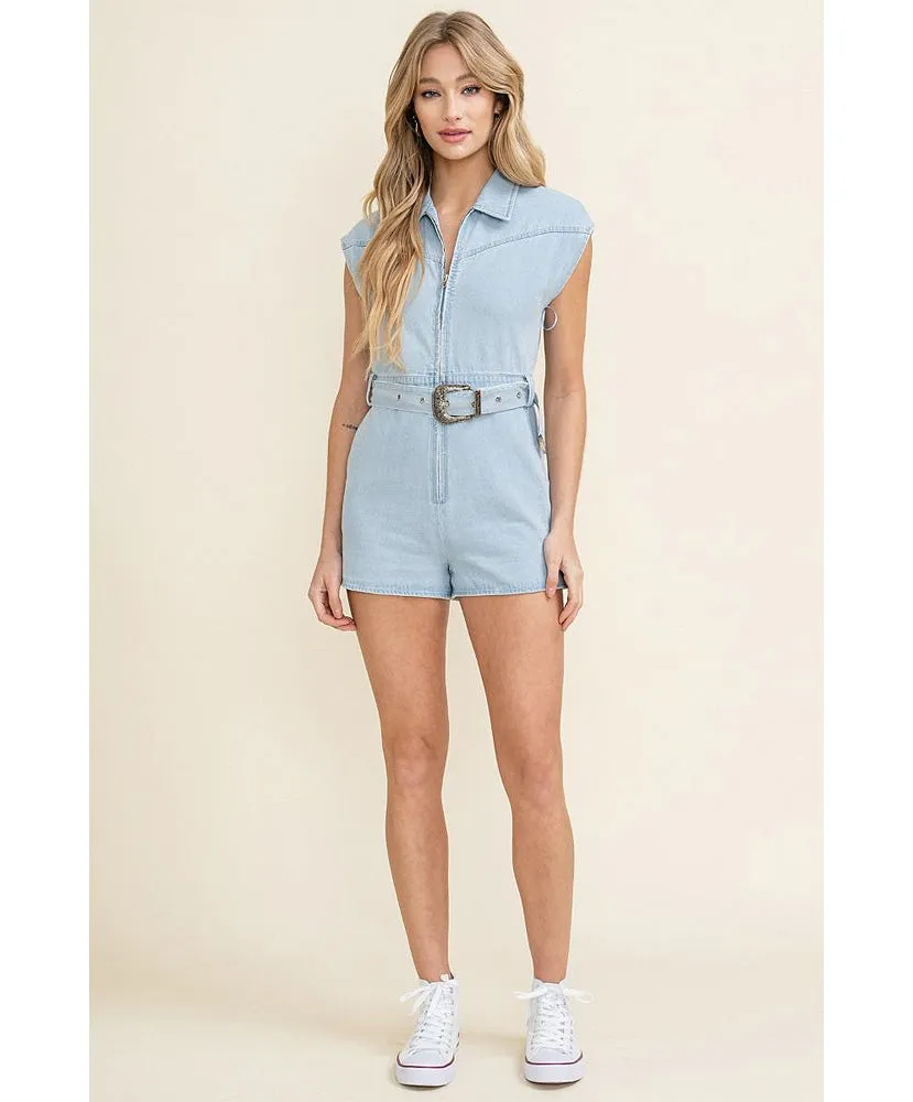 Cheyenne Sleeveless Zip Up Belted Jean Romper