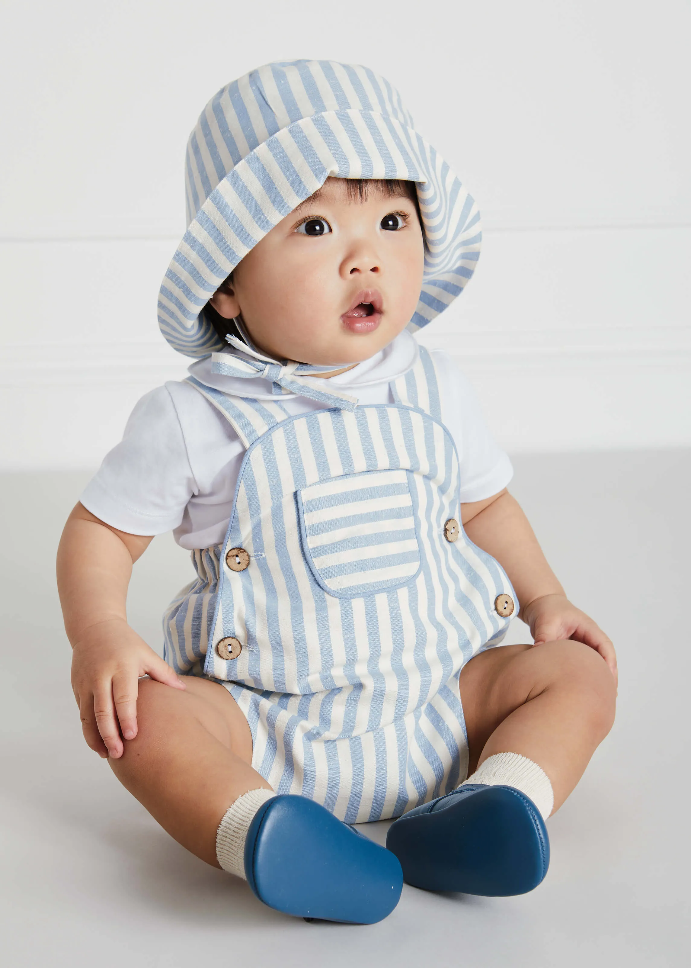 Chunky Stripe Pocket Front Dungaree Romper in Blue (3-18mths)