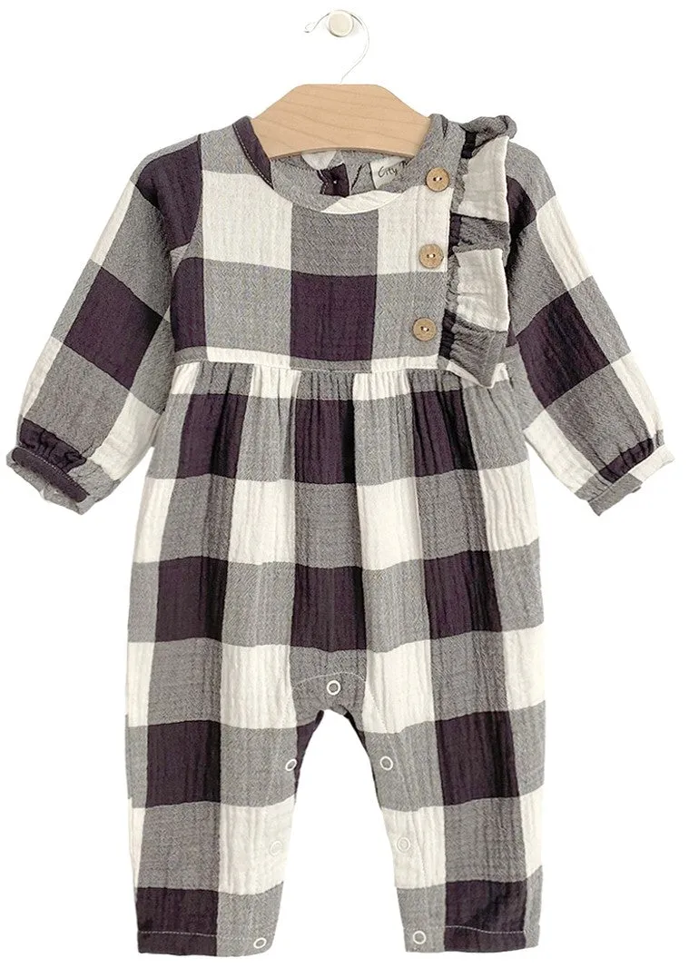 City Mouse Buffalo Check Crinkle Side Button Romper