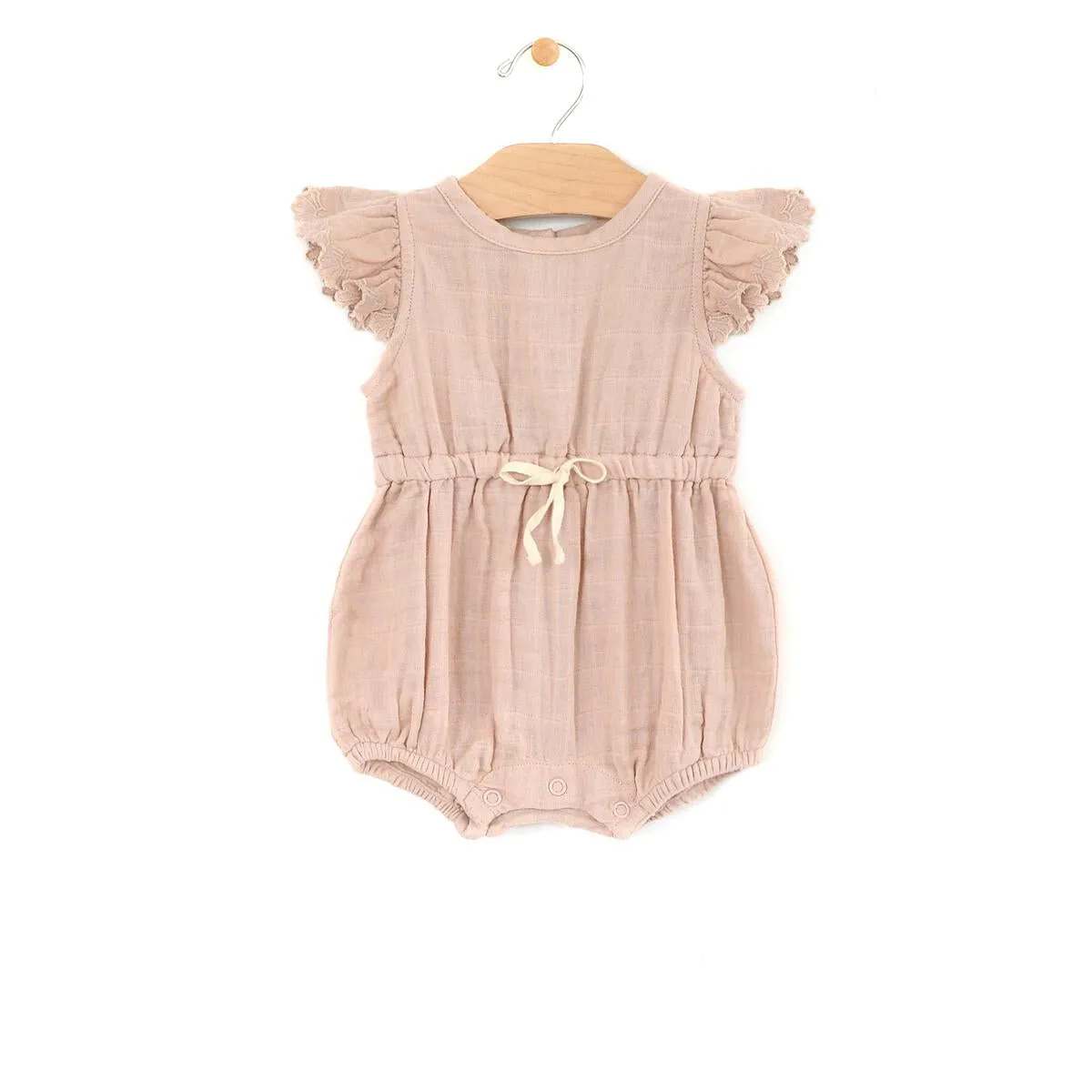 City Mouse Soft Peach Woven Waist Tie Romper