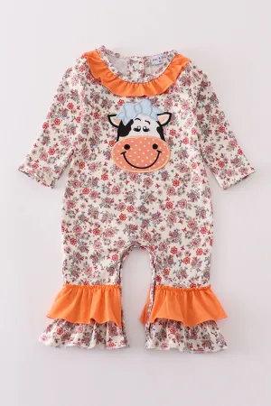 Coral floral cow applique girl romper