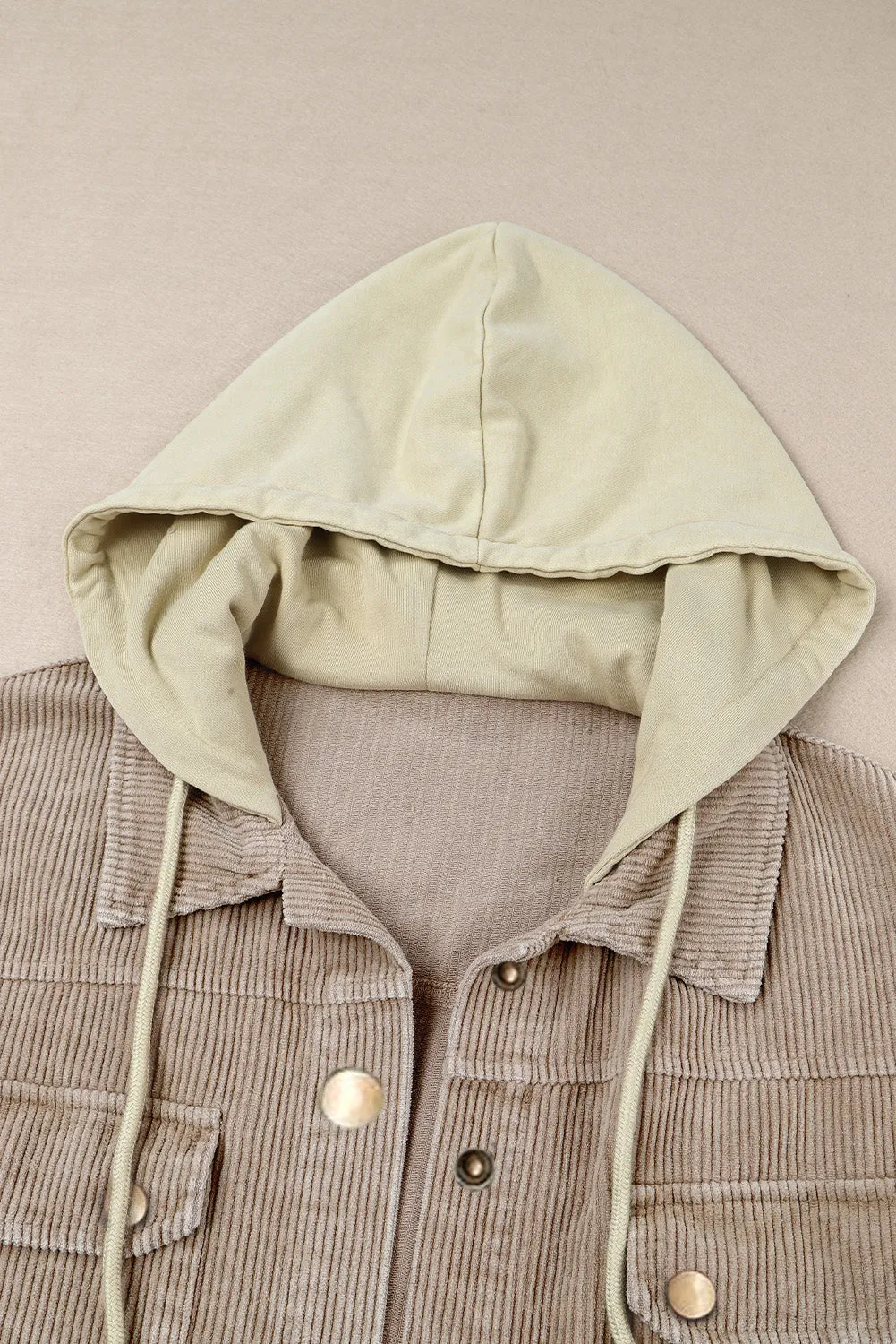 Corduroy Shacket Jacket Button Down Hooded Coat with Pockets