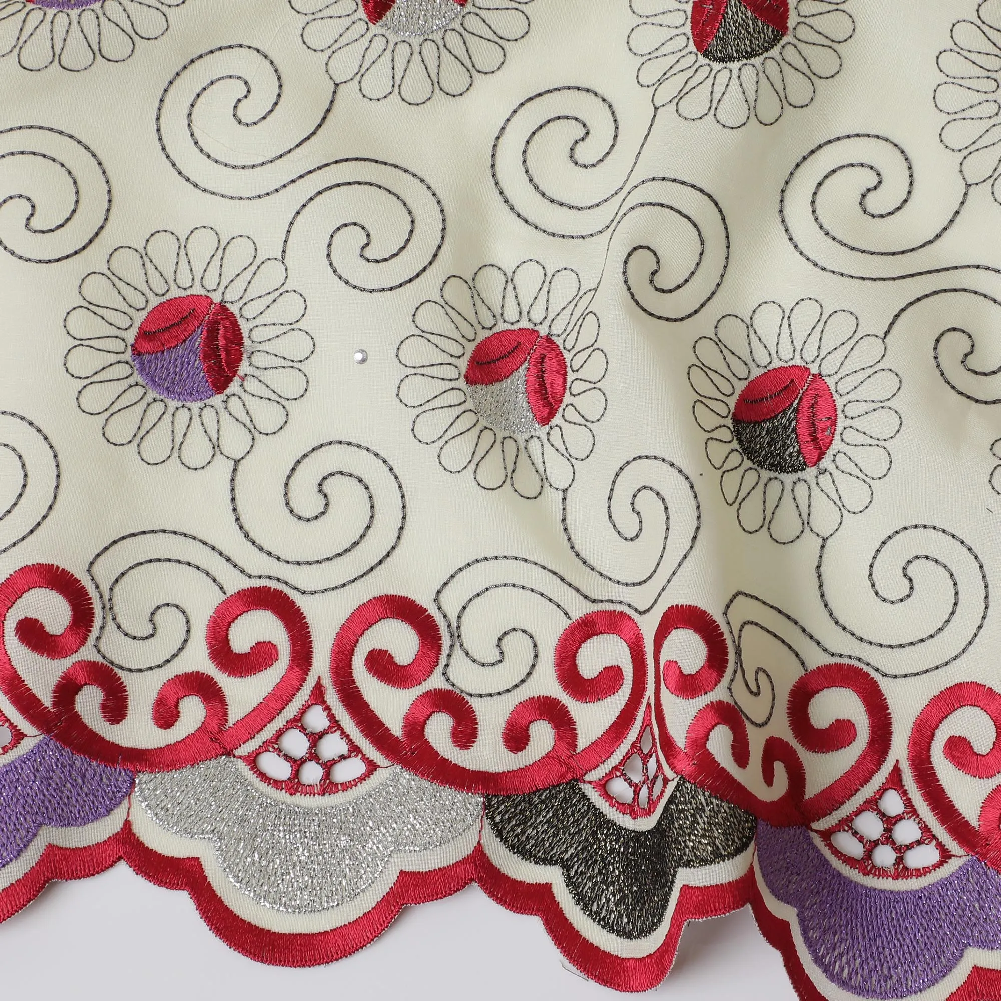 Cream Premium Swiss Cotton Voile Fabric with Red Floral Embroidery and Scroll Design - Traditional Thobe Material, 140 cm Wide
-D20200