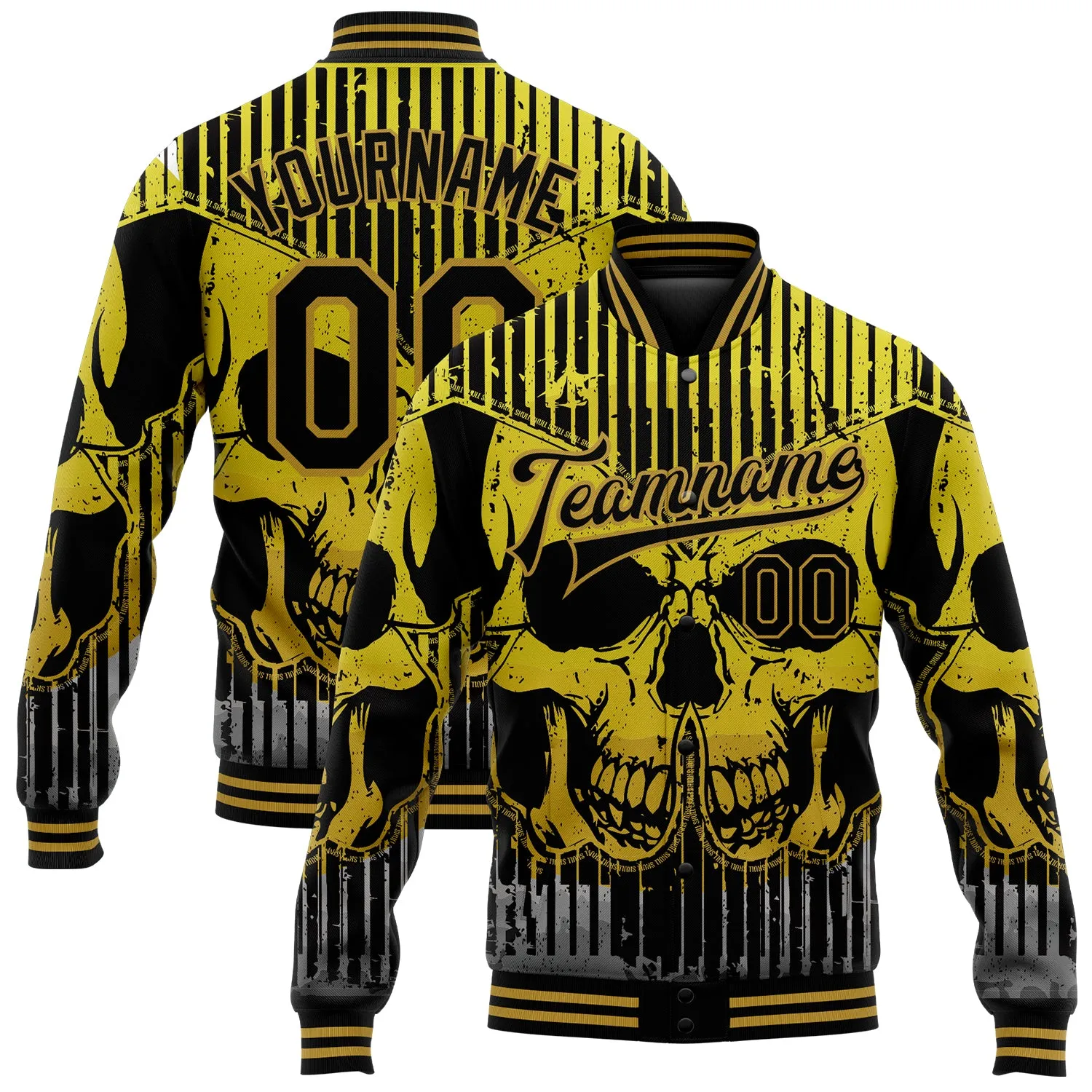 Custom Black Old Gold Skull With Butterfly 3D Bomber Full-Snap Varsity Letterman Jacket