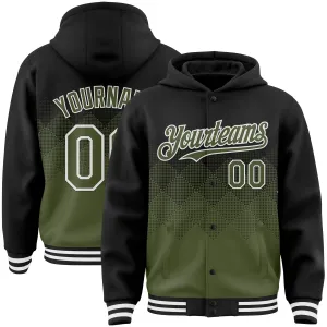 Custom Black Olive-White Gradient Square Shape 3D Pattern Design Bomber Full-Snap Varsity Letterman Hoodie Jacket