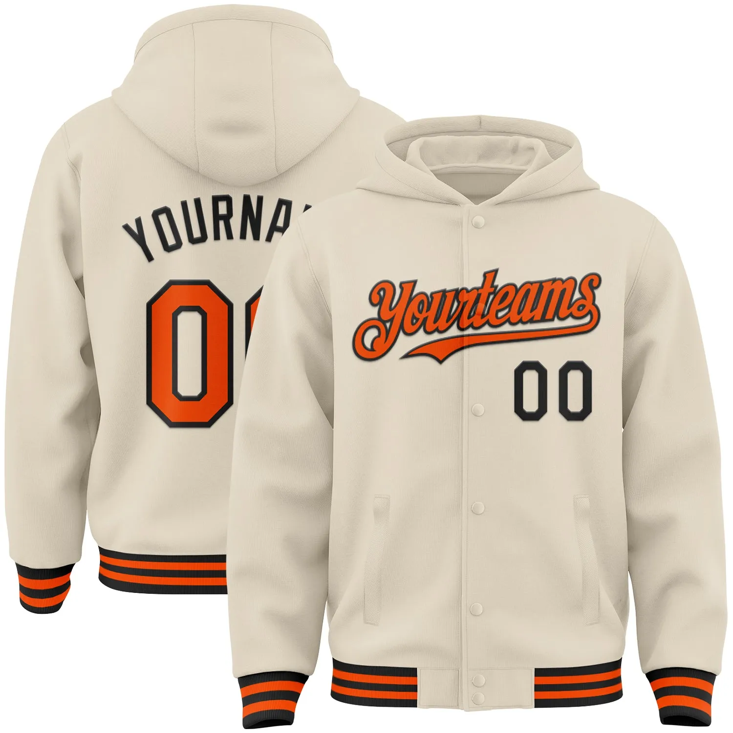 Custom Cream Orange-Black Bomber Full-Snap Varsity Letterman Hoodie Jacket