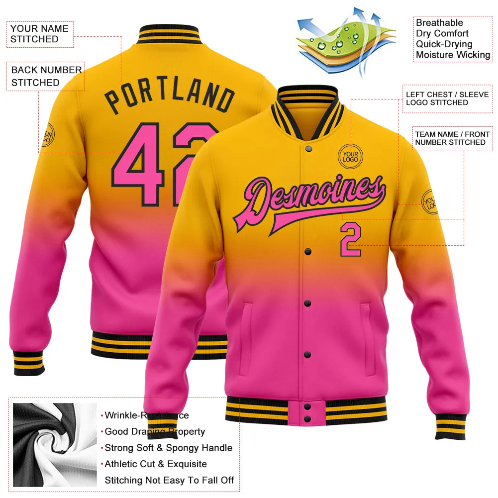 Custom Gold Pink-Black Bomber Full-Snap Varsity Letterman Fade Fashion Jacket