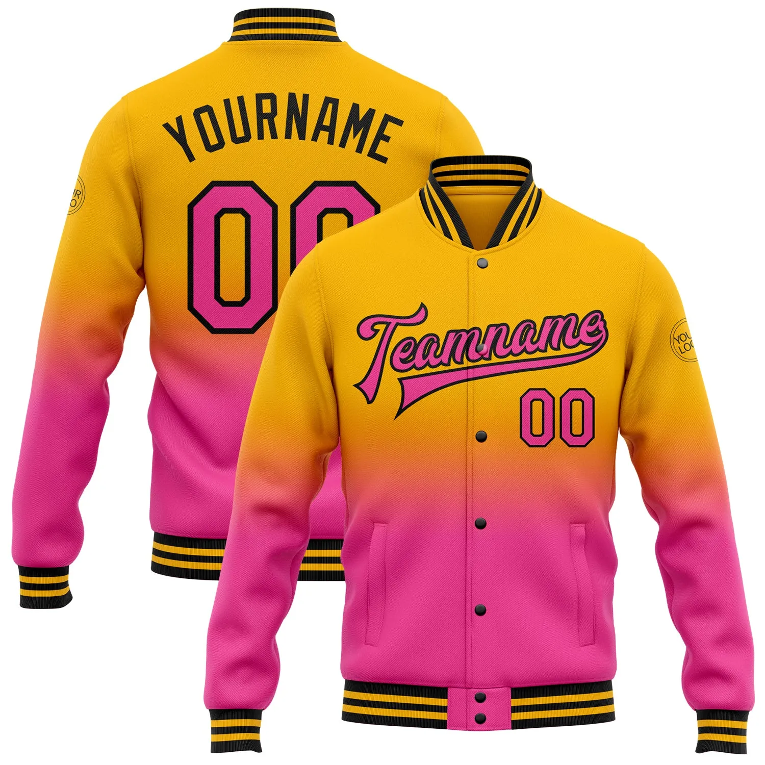 Custom Gold Pink-Black Bomber Full-Snap Varsity Letterman Fade Fashion Jacket