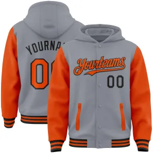 Custom Gray Orange-Black Bomber Full-Snap Varsity Letterman Two Tone Hoodie Jacket