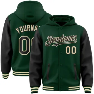 Custom Green Black-Cream Bomber Full-Snap Varsity Letterman Two Tone Hoodie Jacket