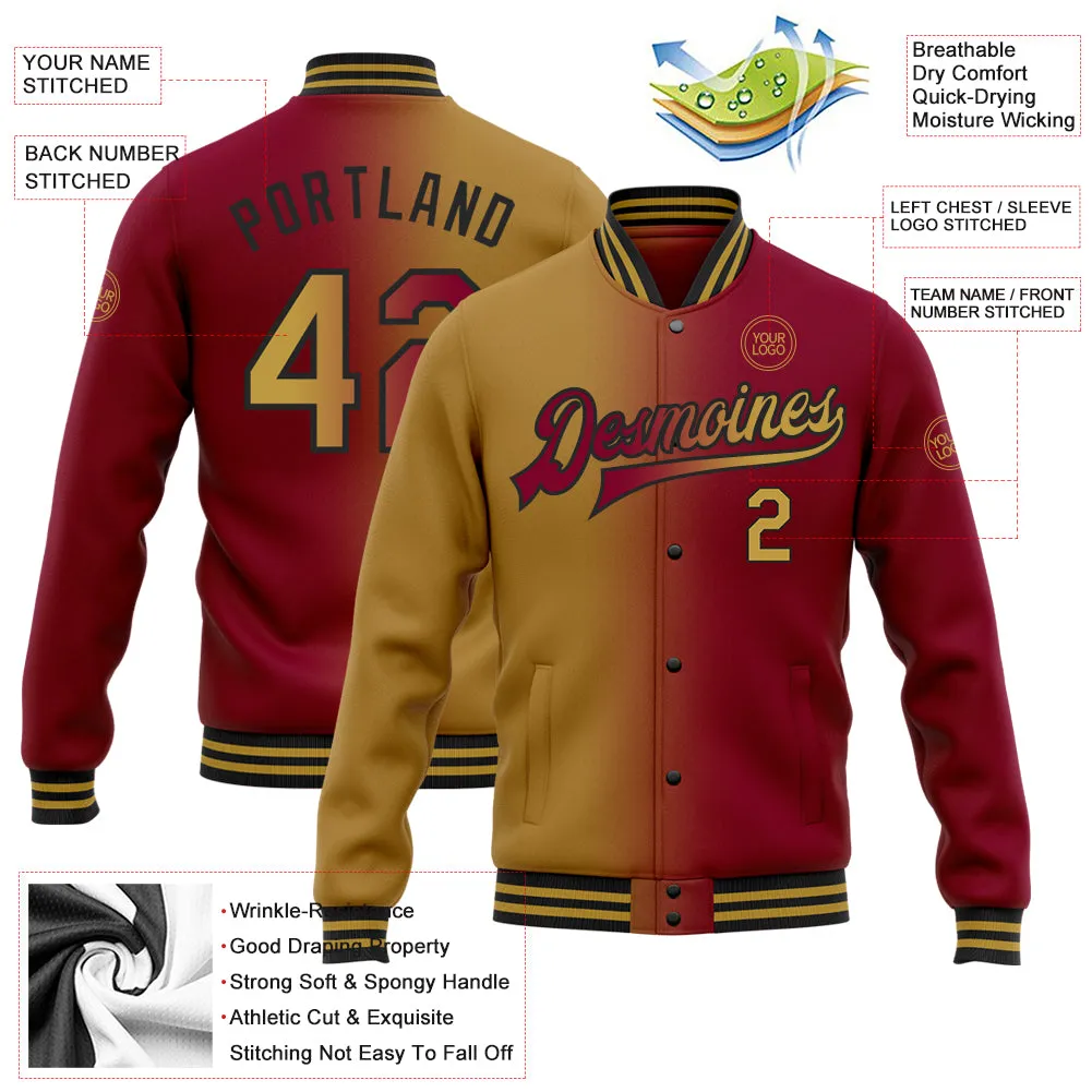 Custom Maroon Old Gold-Black Bomber Full-Snap Varsity Letterman Gradient Fashion Jacket