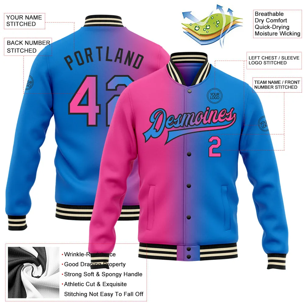 Custom Powder Blue Pink-Black Bomber Full-Snap Varsity Letterman Gradient Fashion Jacket