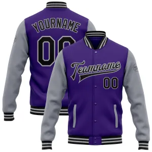 Custom Purple Black-Gray Bomber Full-Snap Varsity Letterman Two Tone Jacket