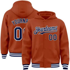 Custom Texas Orange Navy-White Bomber Full-Snap Varsity Letterman Hoodie Jacket