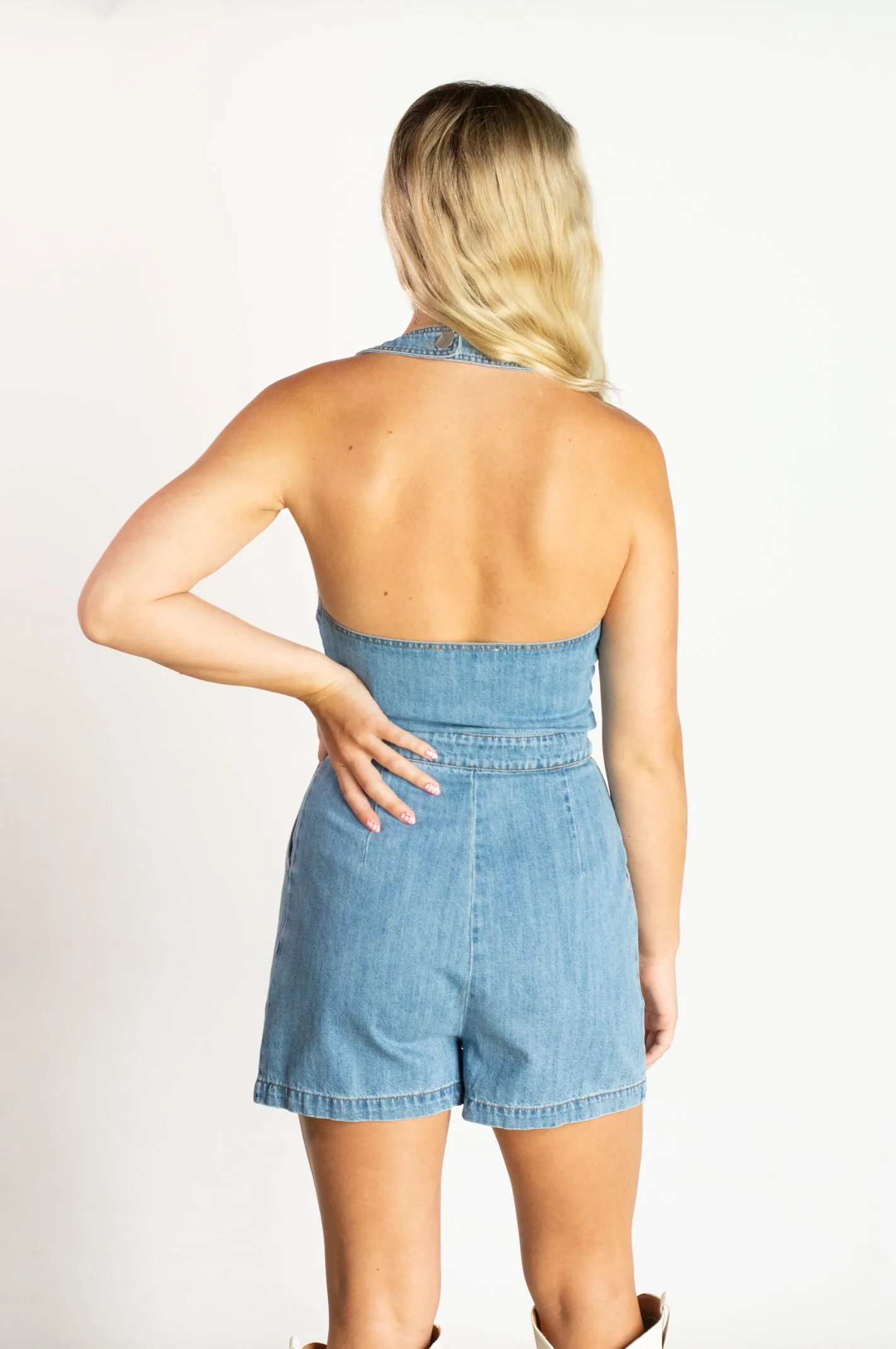 Daisy Duke Denim Halter Neck Romper