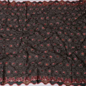 Dark Brown Premium Swiss Cotton Voile Fabric with Red and Gold Floral Embroidery - Traditional Thobe Material, 140 cm Wide-D20197