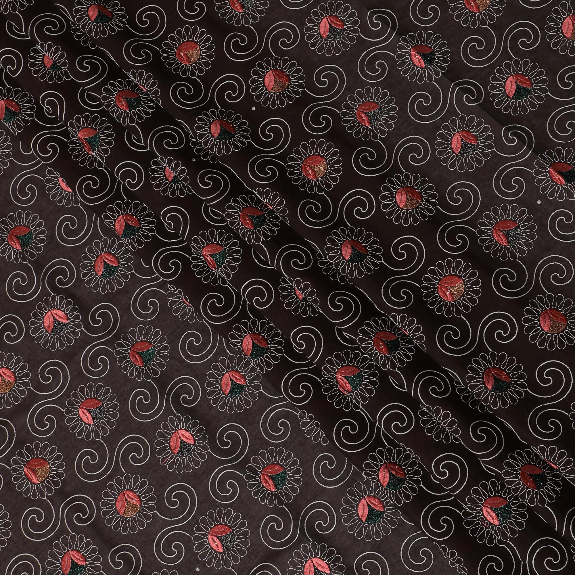 Dark Brown Premium Swiss Cotton Voile Fabric with Red and Gold Floral Embroidery - Traditional Thobe Material, 140 cm Wide-D20197