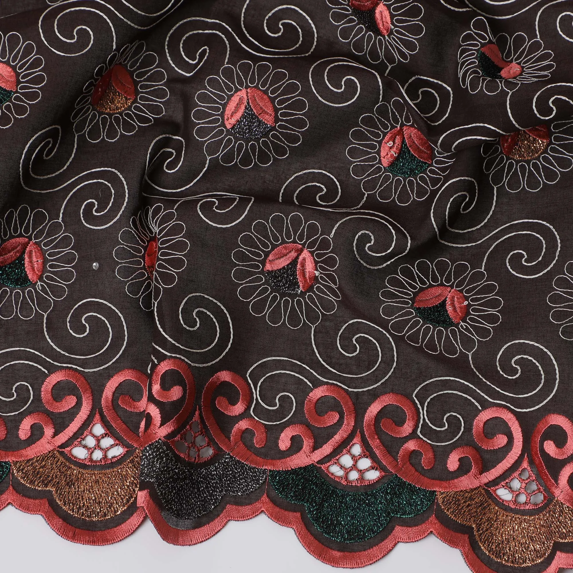 Dark Brown Premium Swiss Cotton Voile Fabric with Red and Gold Floral Embroidery - Traditional Thobe Material, 140 cm Wide-D20197