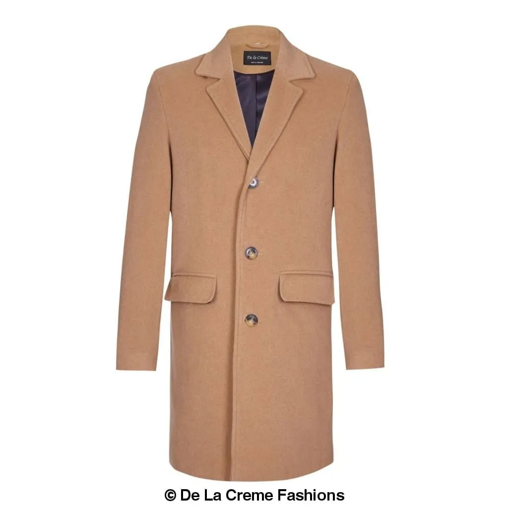 De La Creme MAN - Men's Classic Wool Blend Overcoat in Black & Camel