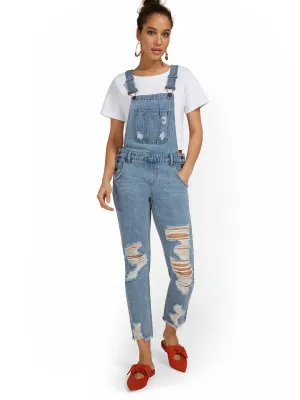 Distressed Boyfriend Overall - Light Wash