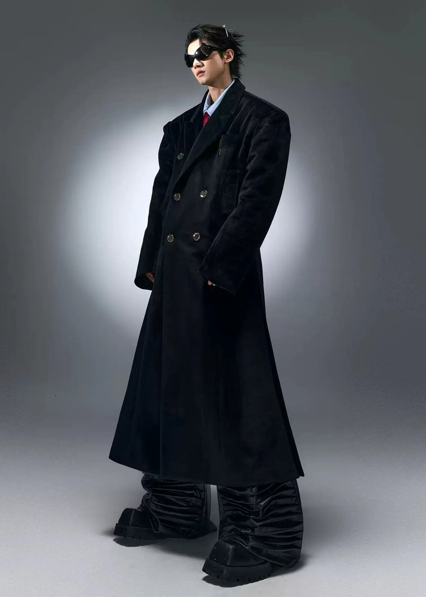 Double Breasted Velvet Textured Overcoat