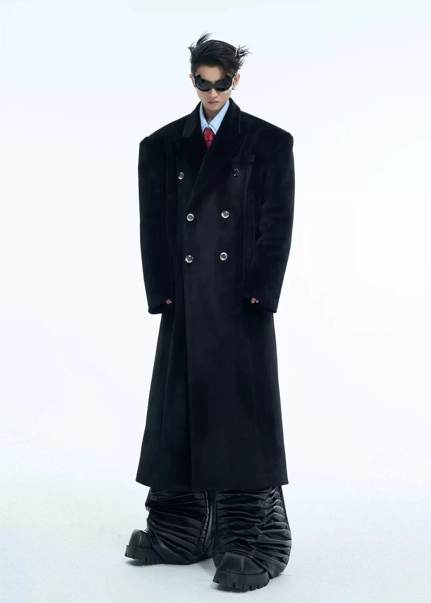 Double Breasted Velvet Textured Overcoat