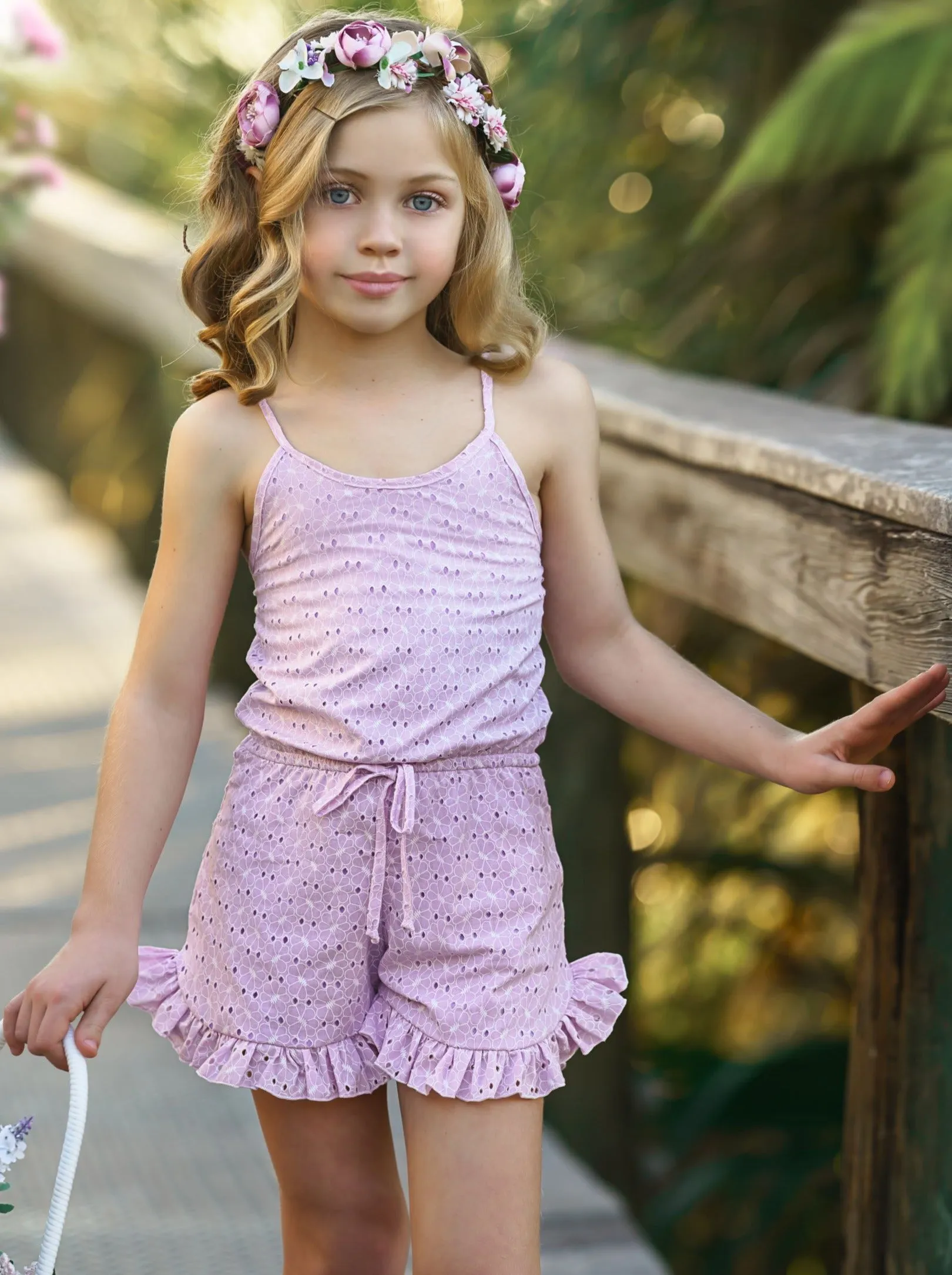 Eyelet Angel Drawstring Ruffle Romper