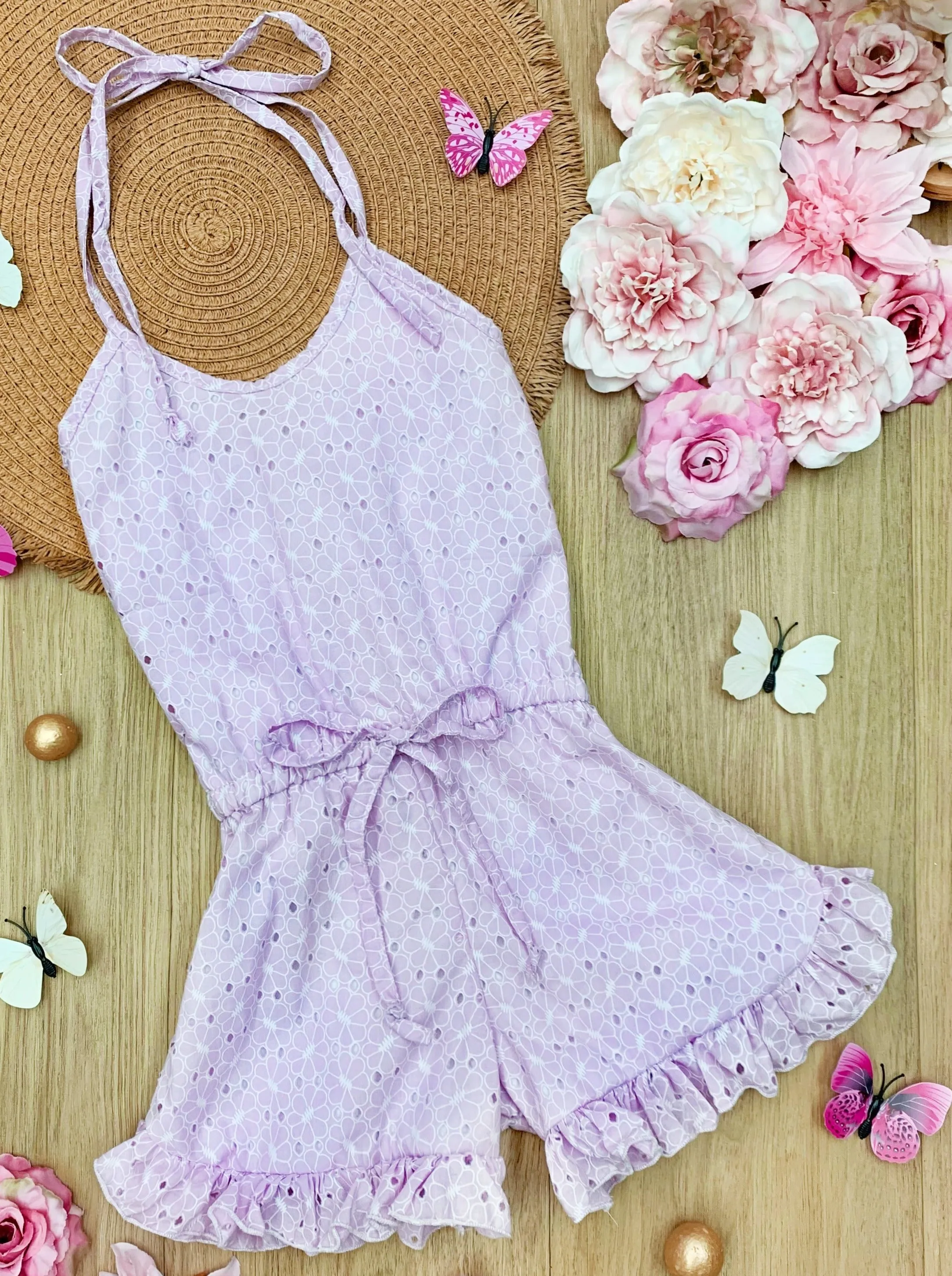 Eyelet Angel Drawstring Ruffle Romper