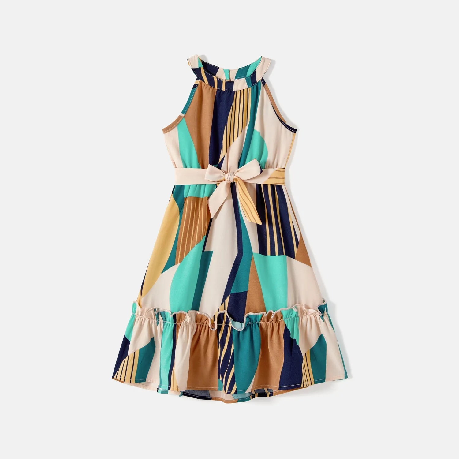 Family Matching Colorblock Sleeveless Belted Halter Dresses and T-shirts Sets