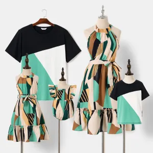 Family Matching Colorblock Sleeveless Belted Halter Dresses and T-shirts Sets