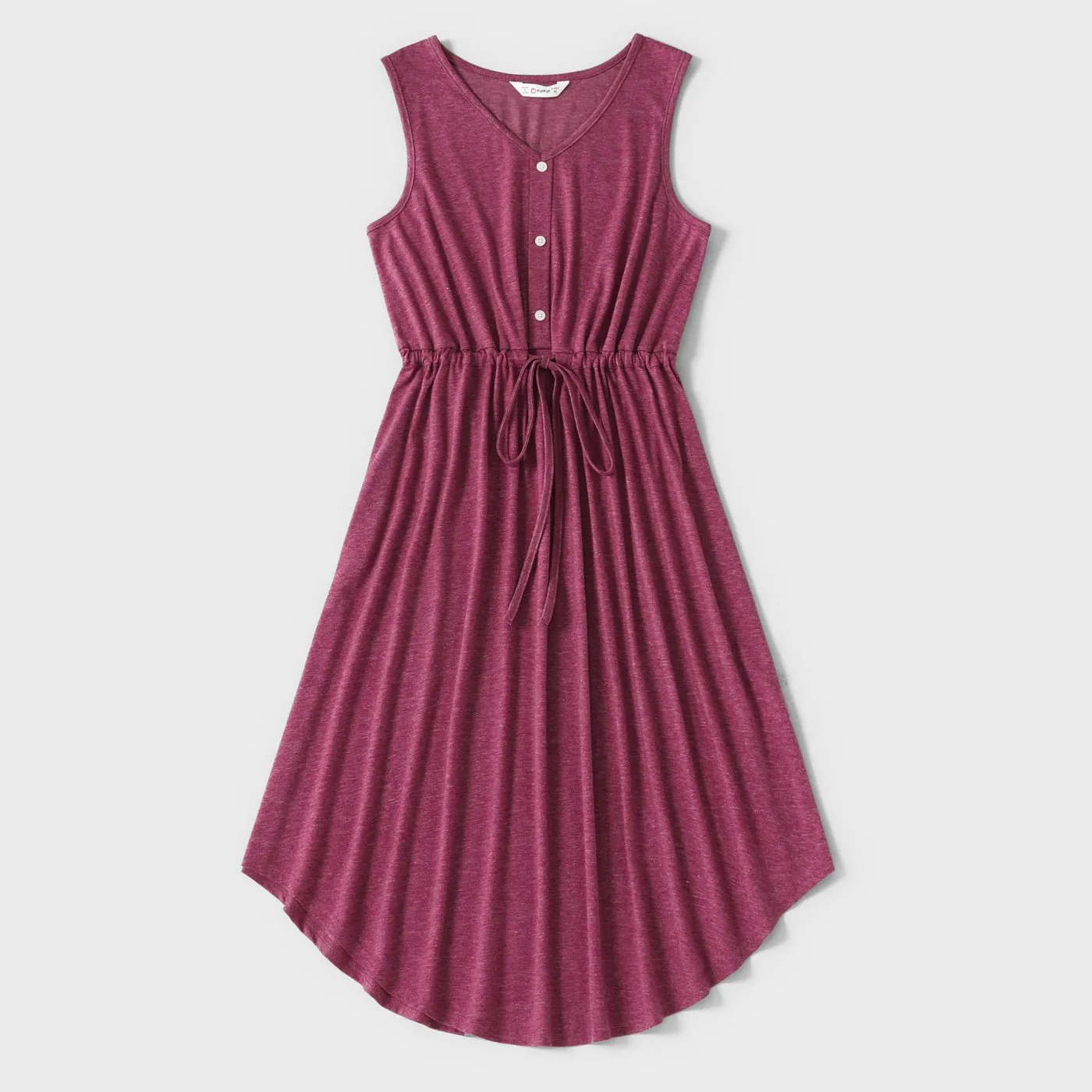 Family Matching Solid V Neck Sleeveless Button Up Drawstring Dresses and Striped Colorblock Short-sleeve T-shirts Sets