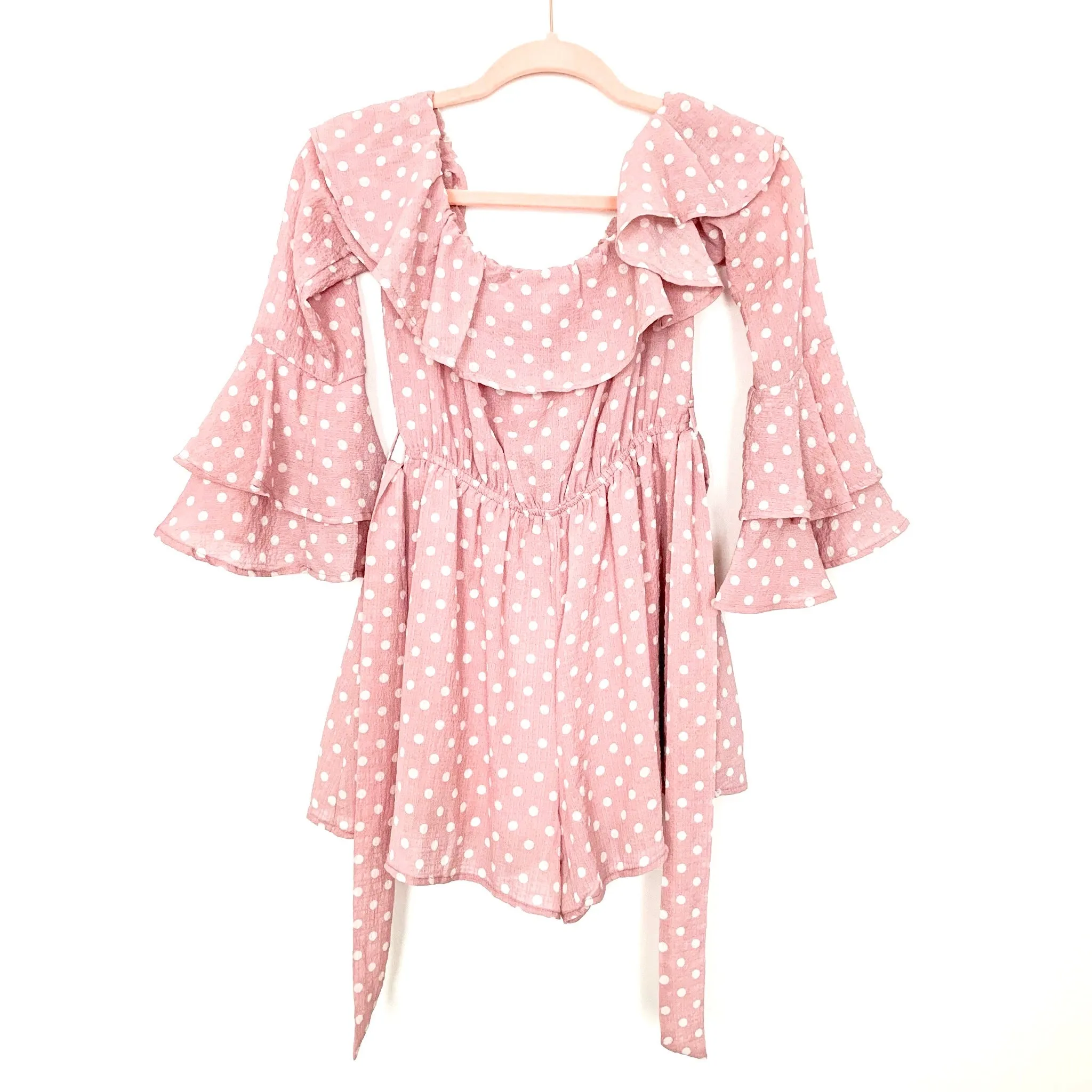 Favlux Light Pink Polka Dot Off The Shoulder Ruffle Bell Sleeve Romper (NWT) - Size S