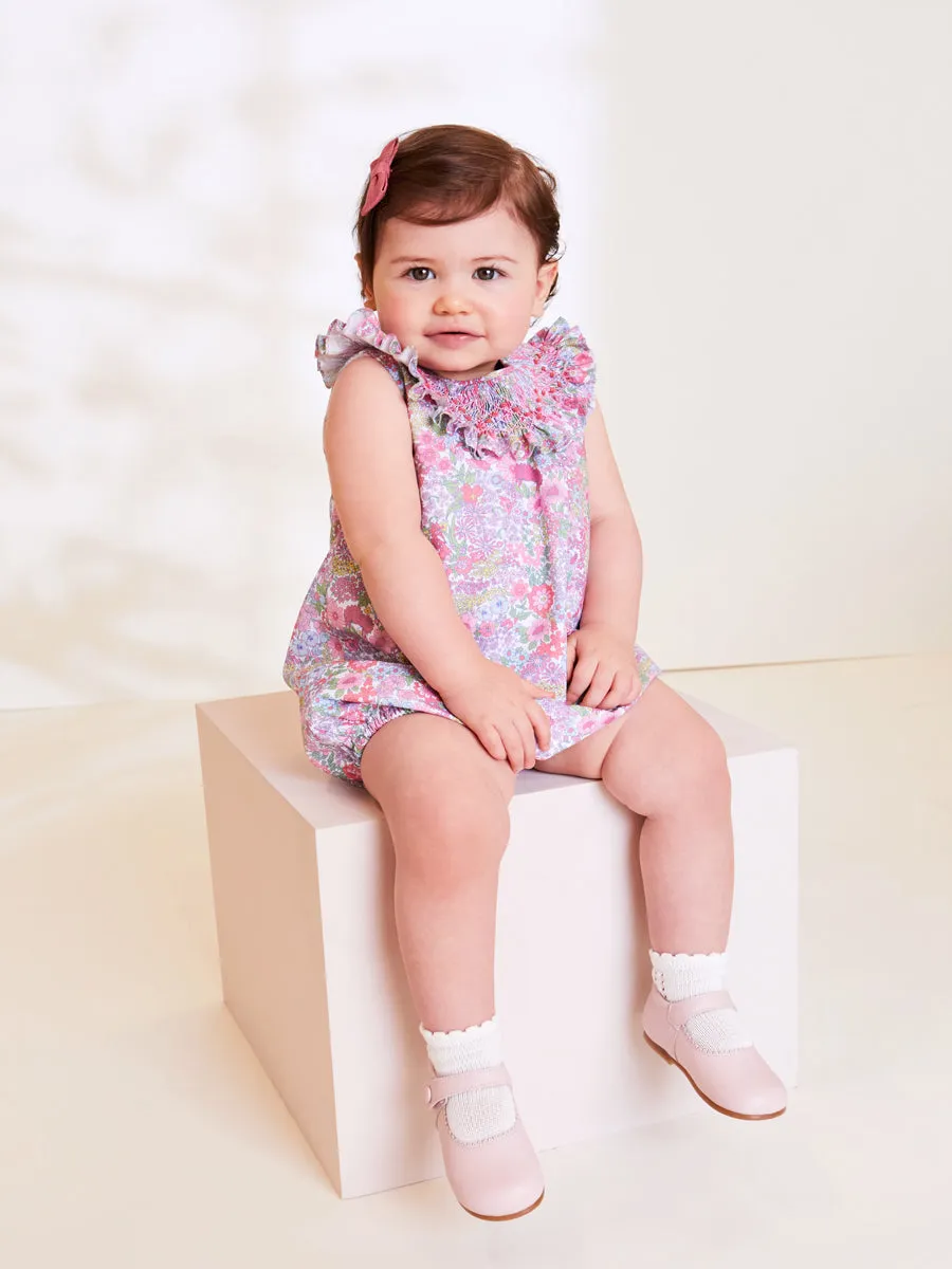 Floral Print Hand Smocked Romper in Pink (3-18mths)