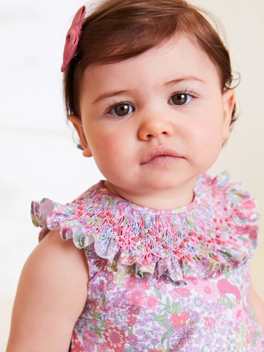 Floral Print Hand Smocked Romper in Pink (3-18mths)