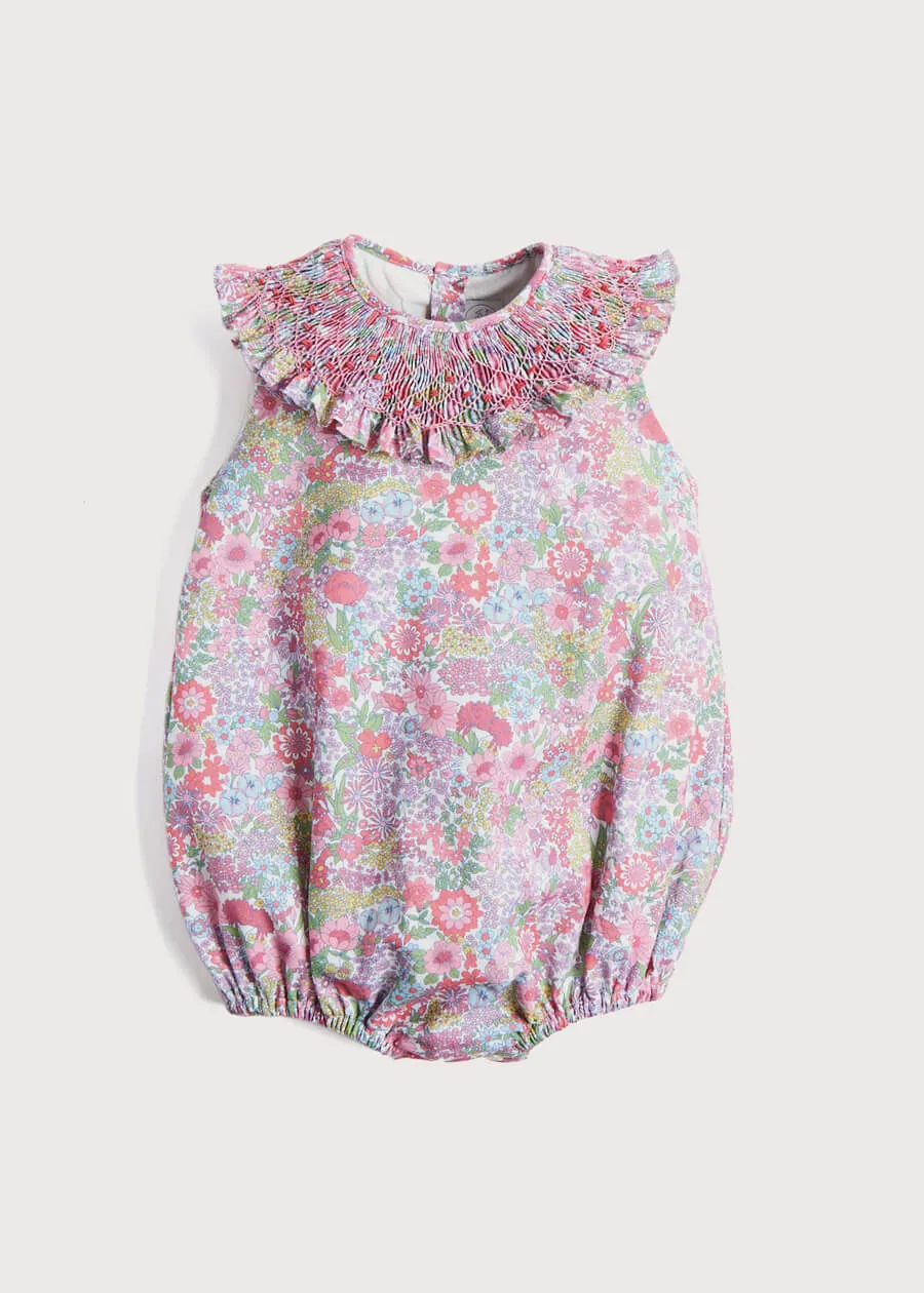 Floral Print Hand Smocked Romper in Pink (3-18mths)