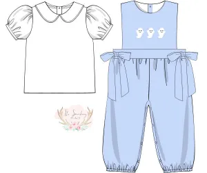 Ghost Embroidered Blue Side Bow Romper Set