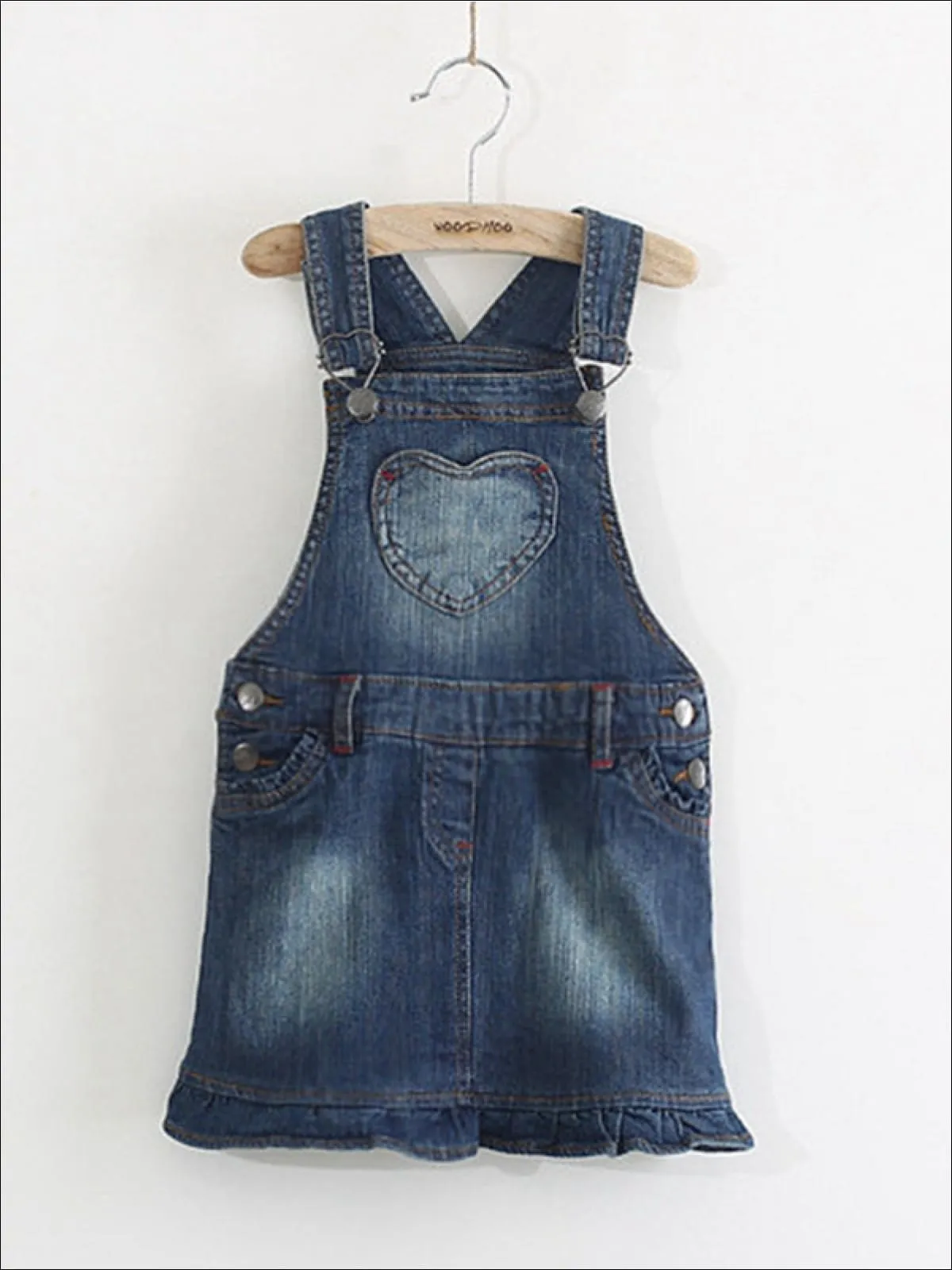 Girls Denim Overall Dress with Heart Pocket