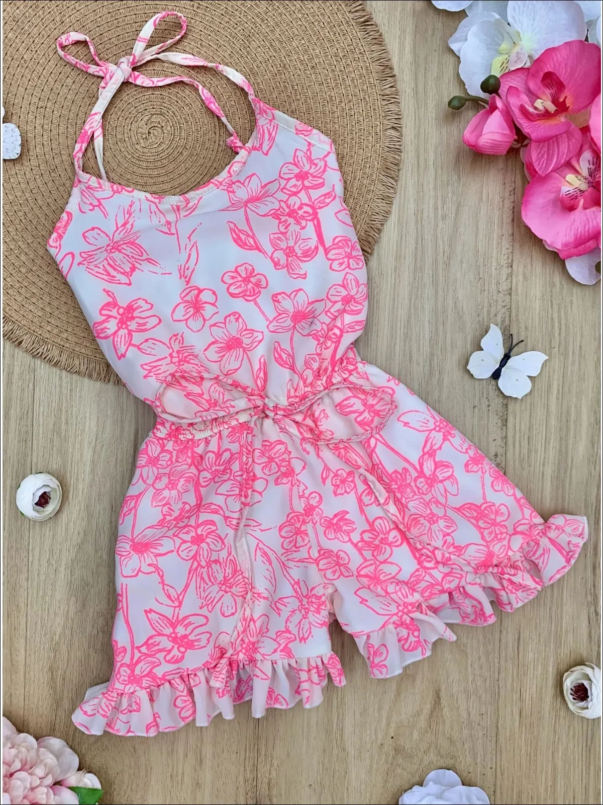 Girls Floral Halter Drawstring Waist Ruffled Hem Romper